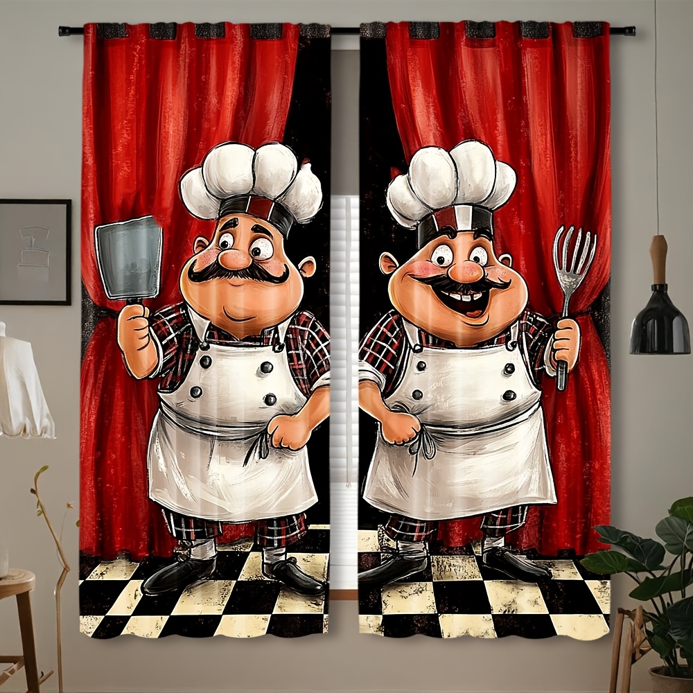 

2pcs Chef Kitchen Curtains - Contemporary Polyester Woven Rod Pocket Drapes, Semi-sheer Decorative Window Treatments For Bedroom, Living Room - Fat Theme With Buffalo Check - Machine Washable, -120g/㎡