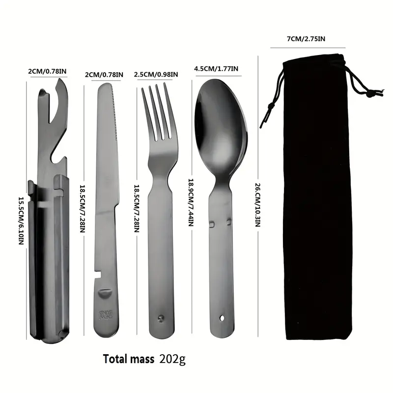 personalized customization 4pcs stainless steel portable outdoor tableware set suitable for travel with knife bottle opener and storage bag outdoor combination tableware camping outdoor travel and silvery Product details 1