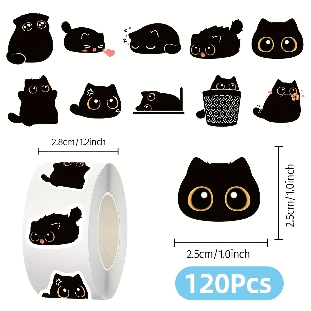 TEMU 120pcs Black Cat Cute Themed Circular Roll Up Stickers Showcase Various Postures Of Black Cats, With Cute And Silly Images. Color Tone Is Black,
