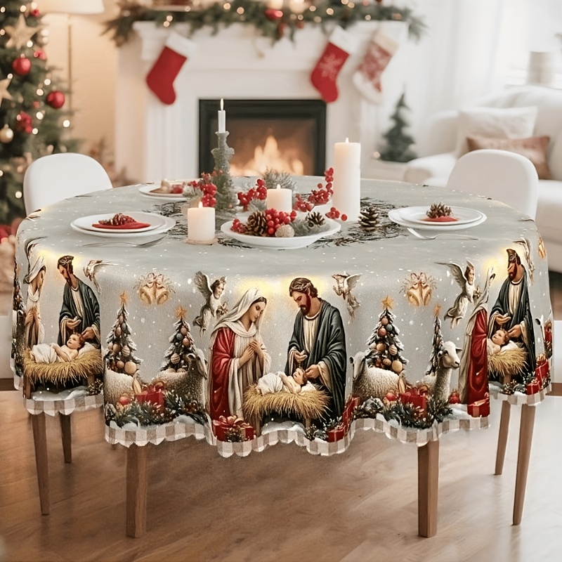 TEMU 1pc Christmas Tablecloth, Featuring , Christmas Tree, And Nativity Scene Patterns, With A Retro Traditional Style, Suitable For Restaurants,