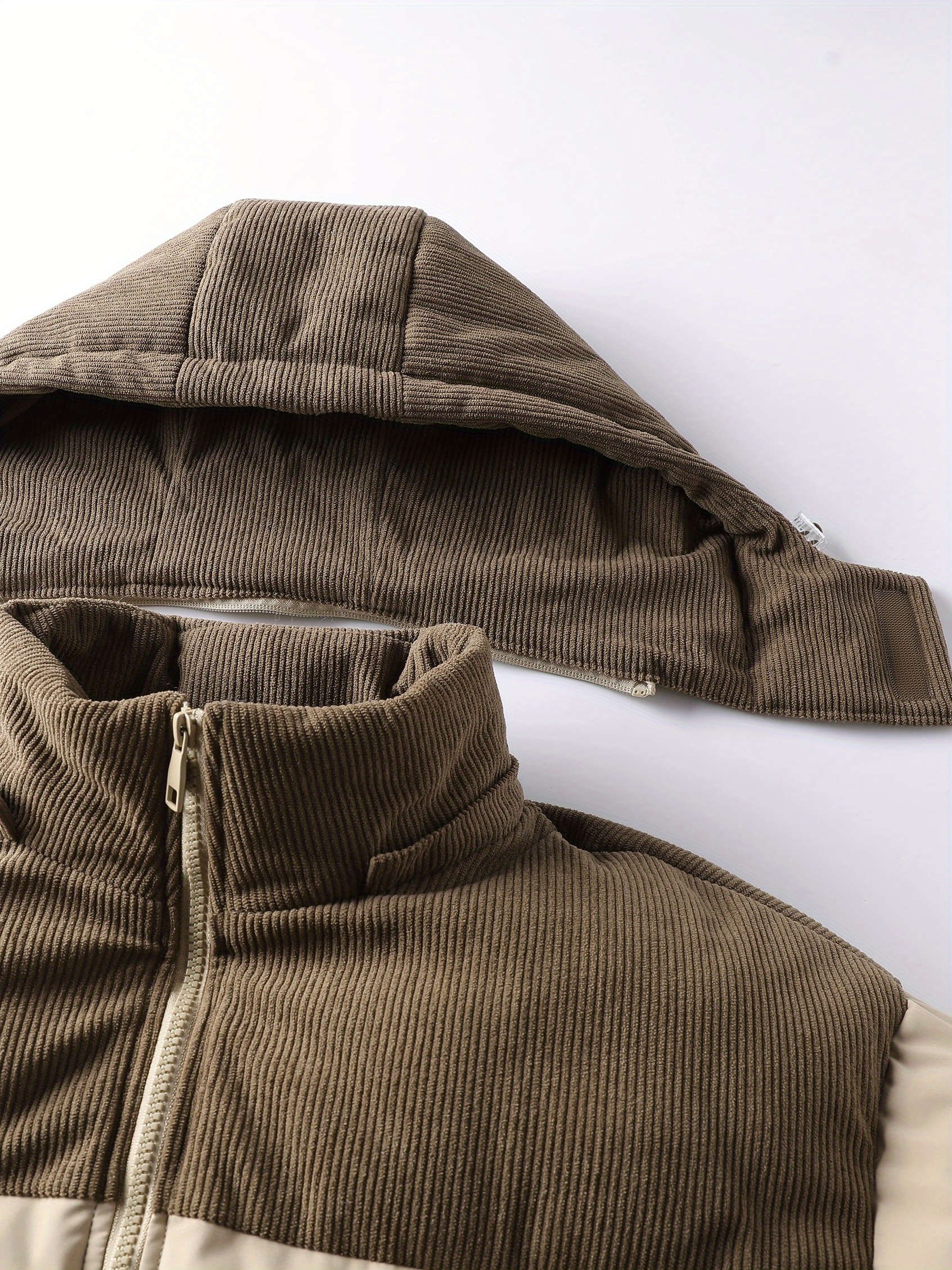 Heren Winterjas - & Bruine Kleurblok Jas met Capuchon en Volledige Ritssluiting