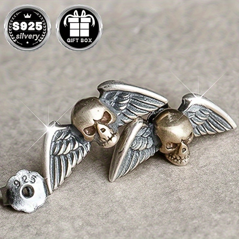 

2pc925 Argent Pur, Poids Argenté 1g, Boucles d'Oreilles Ailes de Crâne, Style Punk Gothique Rétro pour Fête d'Halloween, Cadeau