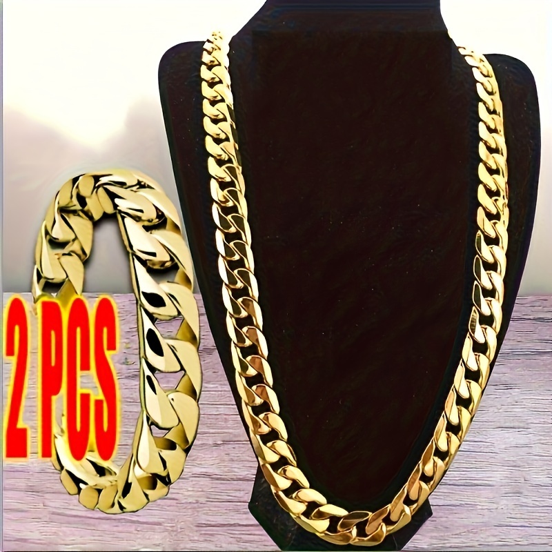 

2pcs Necklace & Bracelet ,18k Golden Plated Fashion Gift Jewelry For Men And Women