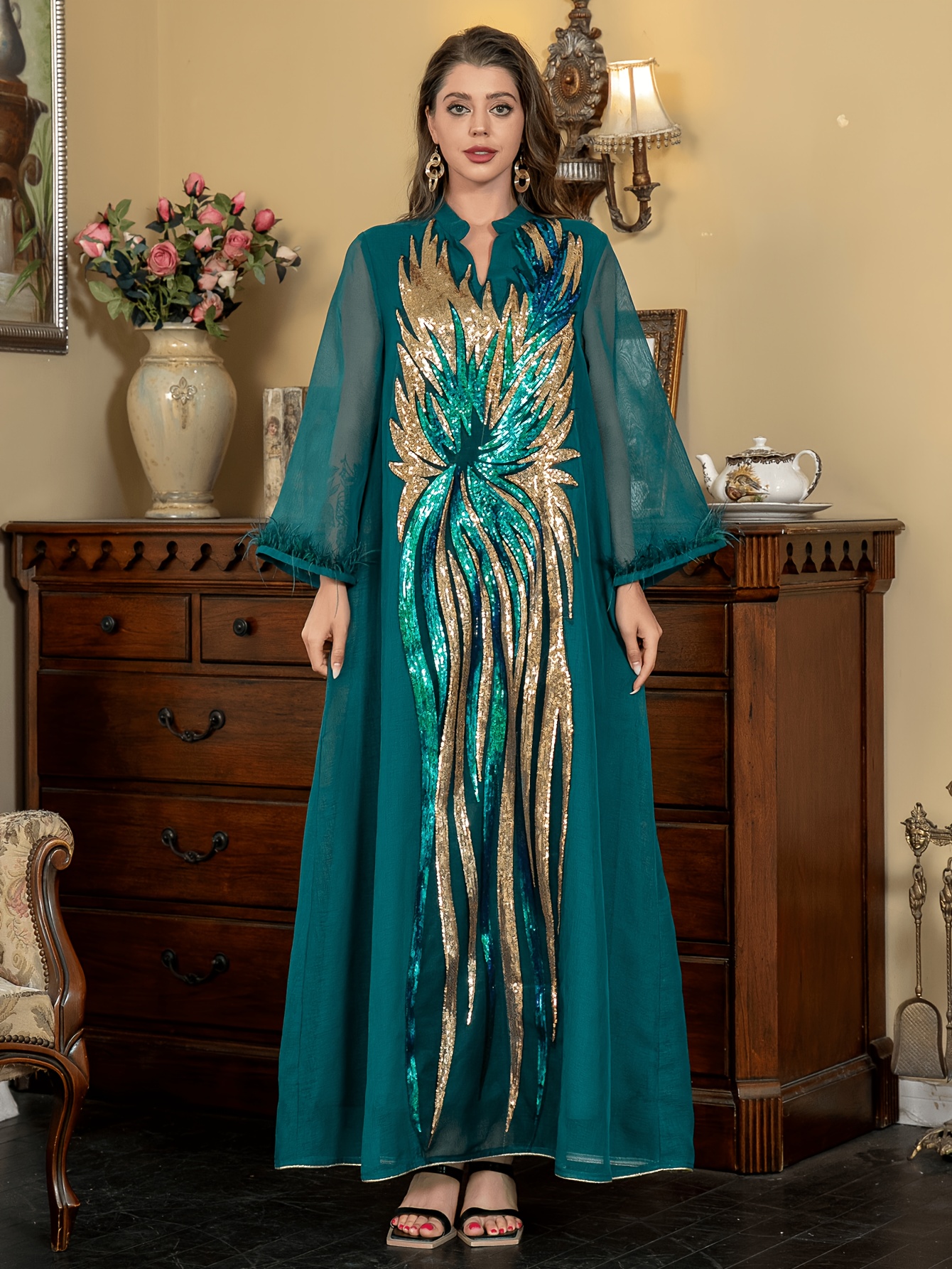 Spot Dubai Saudi Muslim * * Regular Fit Stand Collar Robe Regular Fashion  Straight Sleeve Mesh Embroidered Artificial * Evening Gown Jalabiya Arab  Dress * Robe Abaya