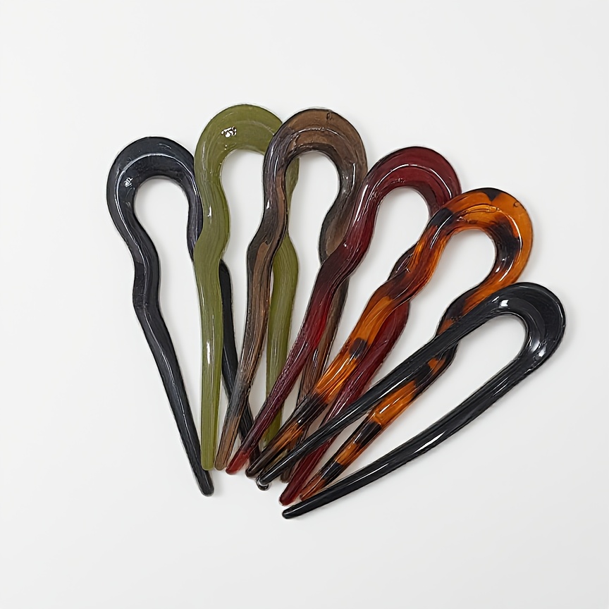 TEMU 6pcs Set, Elegant U-shaped Hair Clips, Acrylic Material, Vintage Style, Oval Design, Solid Color, Women's Hairstyles, Ideal Gift For Valentine's