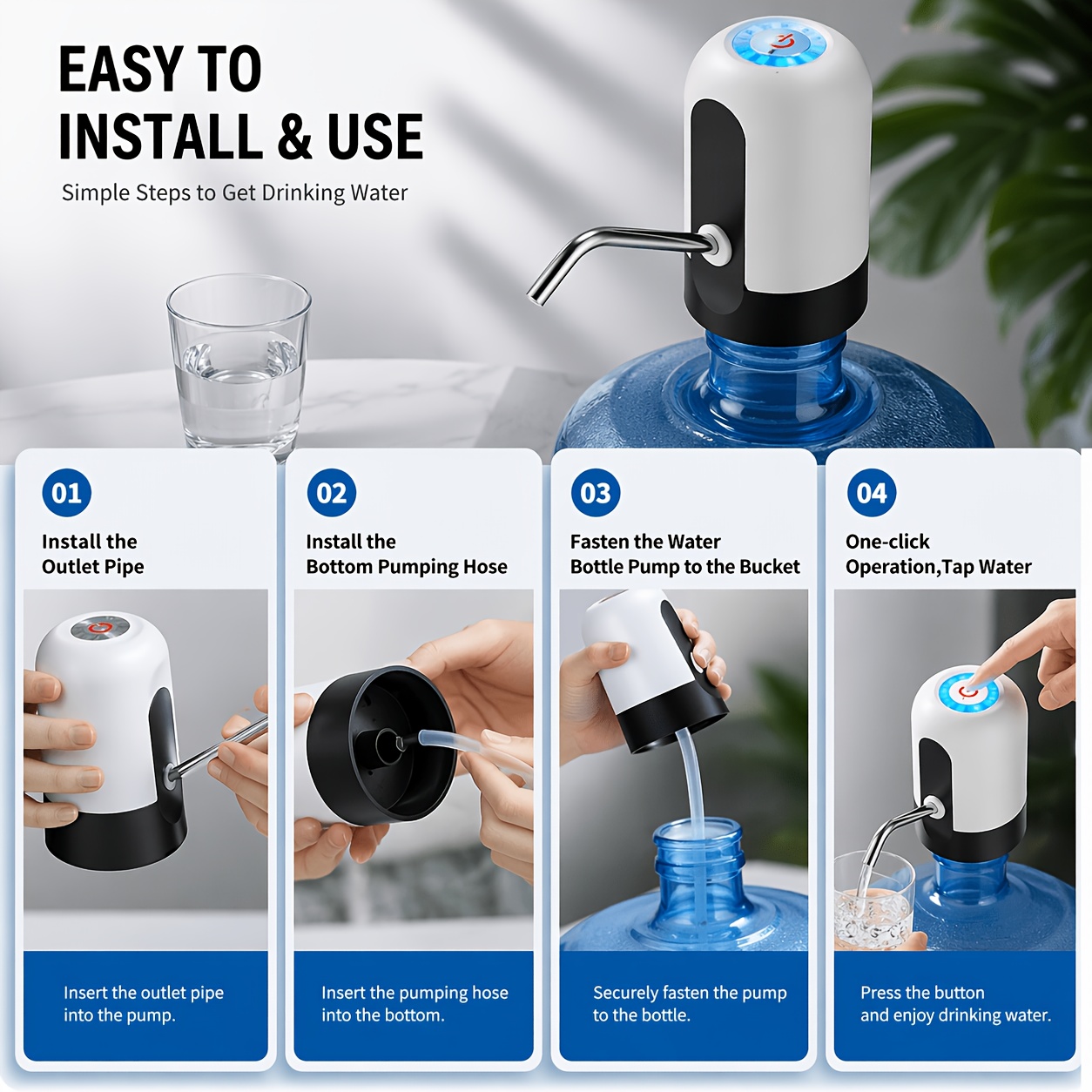 1pc Portable Water Pump For 5 & 10 Gallon Bottles, USB Dispenser, One-Touch Easy 3