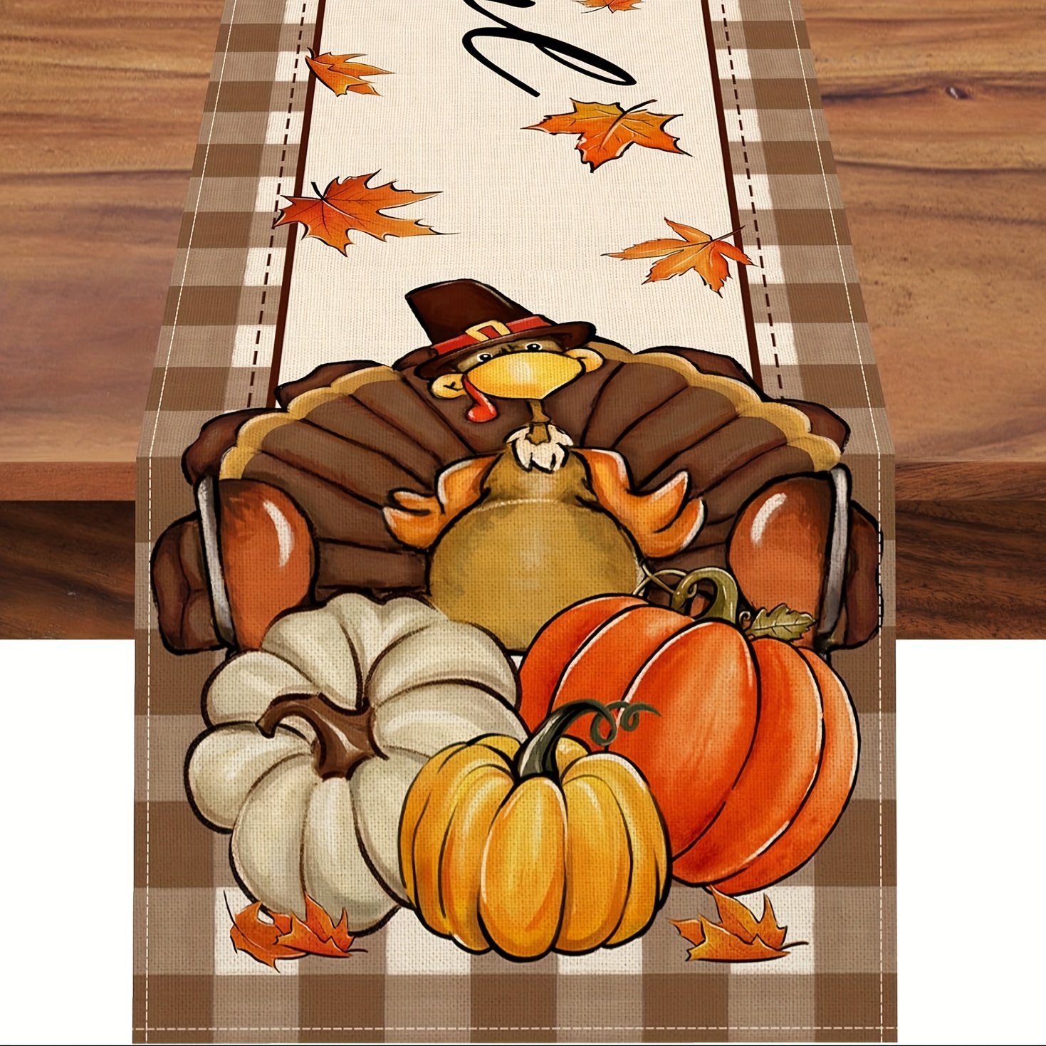 

Thanksgiving : 13"x72" Polyester Table Runner With Turkey, Pumpkin & Maple Leaf Design - Farmhouse Dining & Family Parties