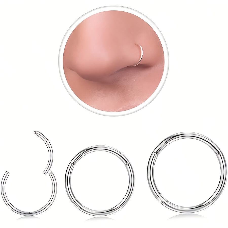 E-shop 3er-Set Hypoallergene Nasenringe aus 316L Edelstahl mit Scharnier für Damen und Herren, Nasenringe, Knorpelringe, Ohrringe, geeignet für den