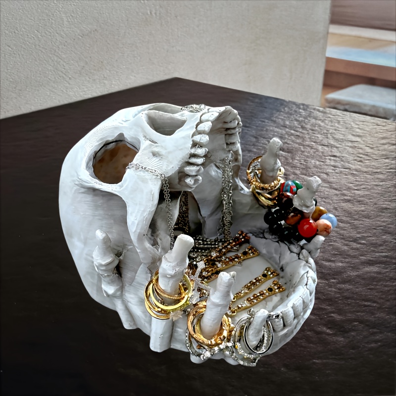 Organizador de Joyería con Forma de Calavera - Decoración Gótica para Halloween con Múltiples Compartimentos, Ganchos para Collares y Forro Interno - Almacenamiento de Resina para Anillos, Pendientes, Collares en Escritorio - Accesorio Decorativo Artístico para el Hogar