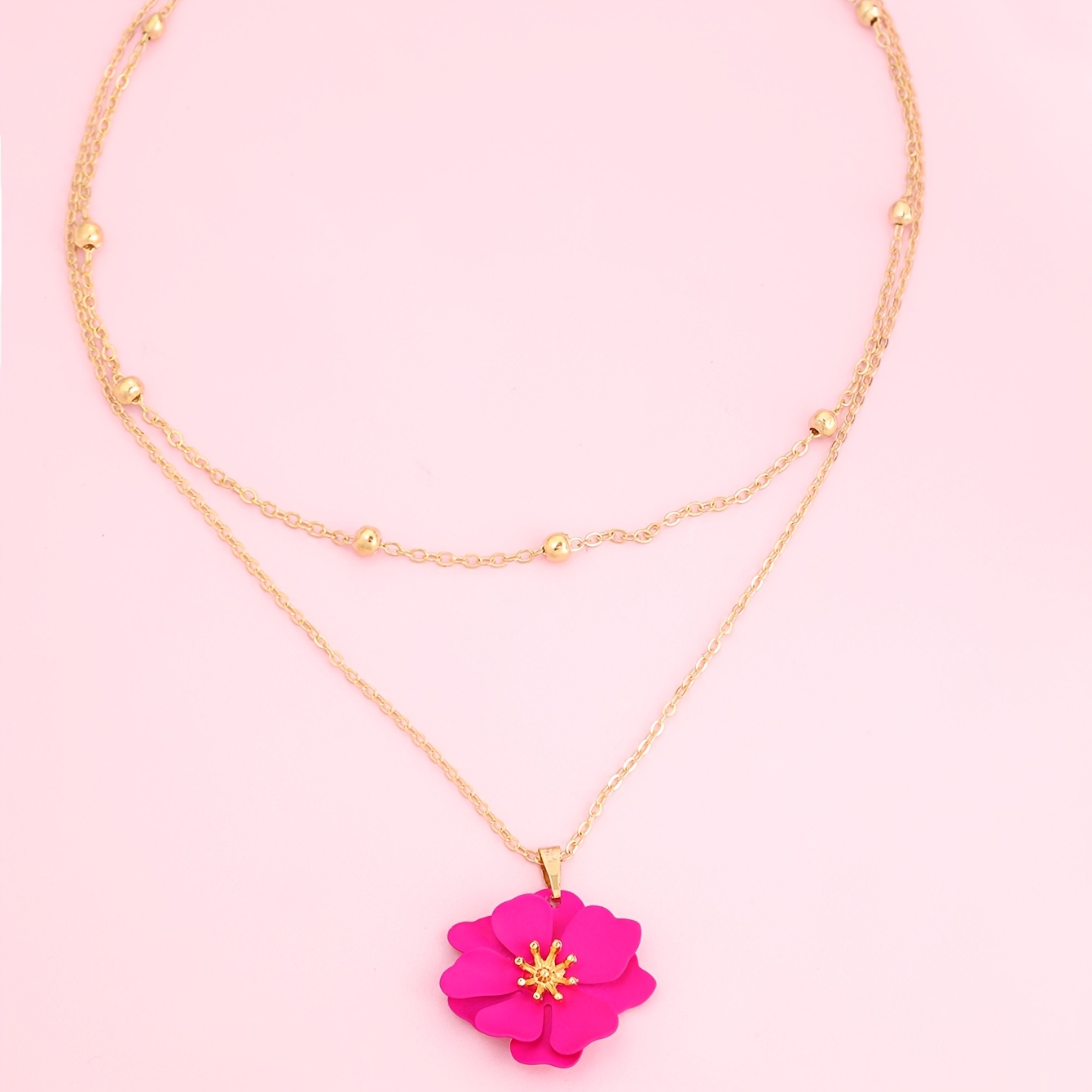 Women's Double Layer Flower Pendant Necklace with Rose Red Charm
