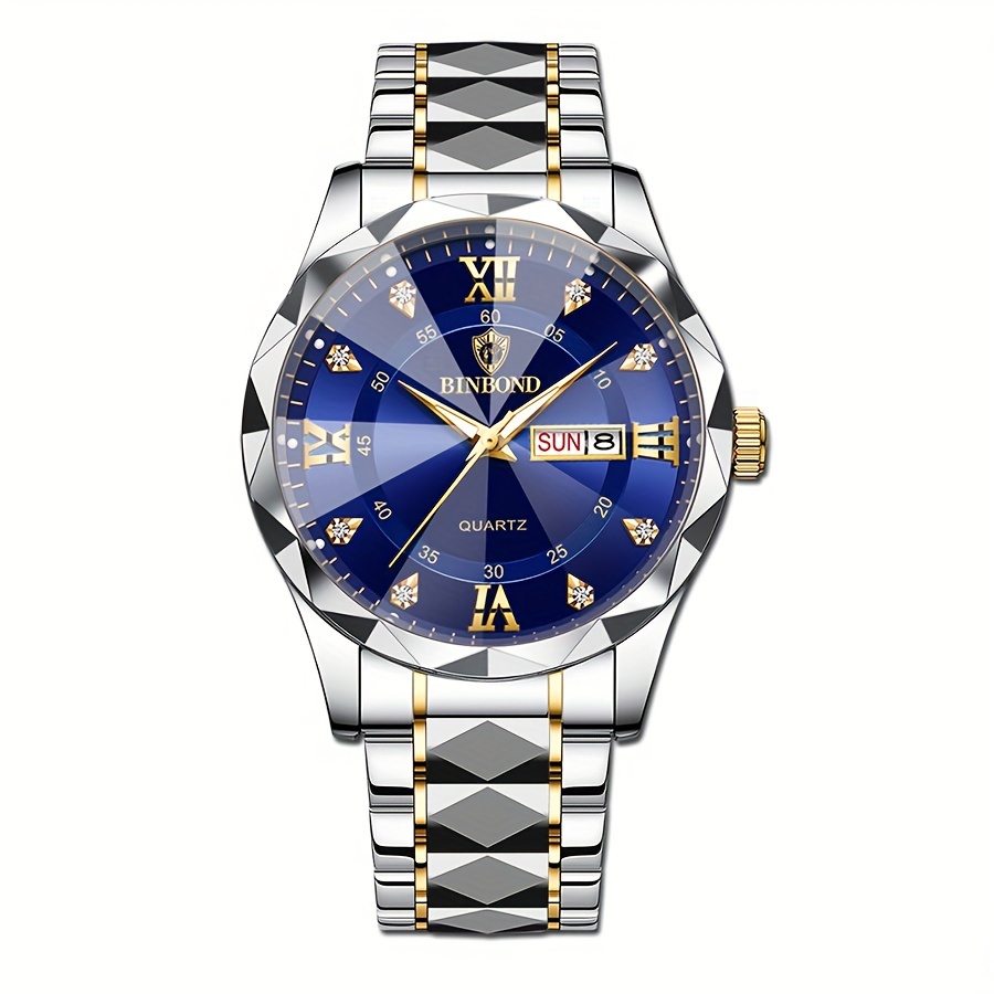 1pc Binbond Men's Business Watch, Stainless Steel Quartz Movement, Round Zinc Alloy Case, Luminous Dual Calendar, Battery Powered with Electronic Drive