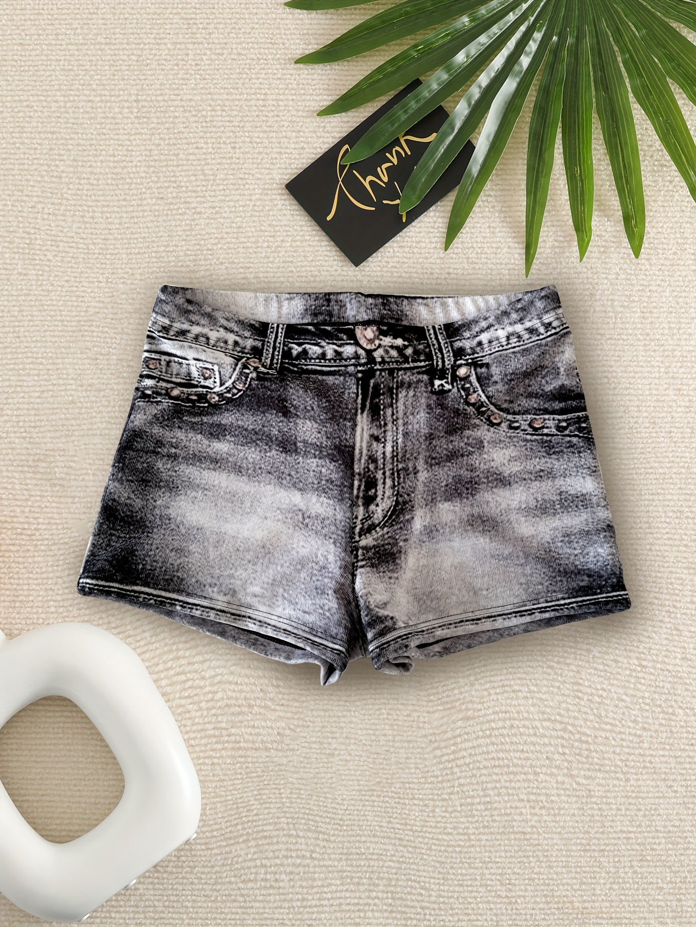 Easter Single Imitation Denim Print High-Waisted Women's Swim Shorts P0234