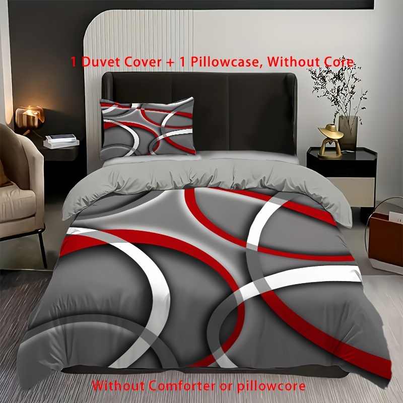 Image of 2/3pcs Modern Geometric Duvet Cover Set (1 Duvet Cover + 1/2 Pillowcase, Without Core), Gray Red Spiral Circle Bedding Set For , For Bedroom, Dorm, Home Decor