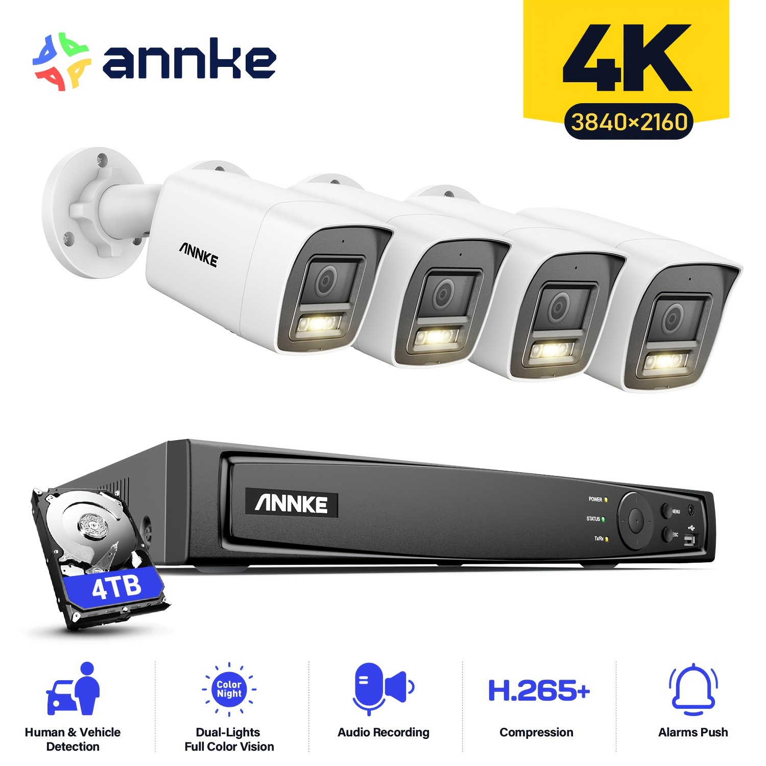 Image of Annke H800 4k Poe Surveillance Camera Set, 8ch 12mp Nvr Recorder With 4pcs 8mp Cameras And 4tb Hard Drive, H.265+ Video Surveillance System, 100ft Ir And Color Night Vision Distance