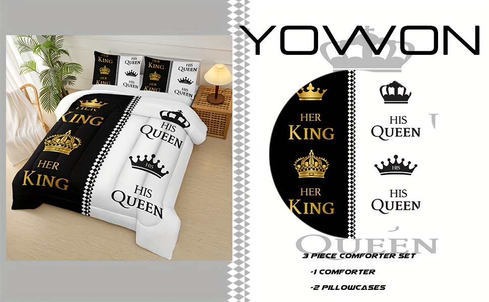 3pcs queen and   letter print couple comforter set his and hers quilt set black white   set romantic valentines day theme mr mrs bedding set for bedroom decor soft microfiber couple comforter set with 2 pillowcase Product details 0