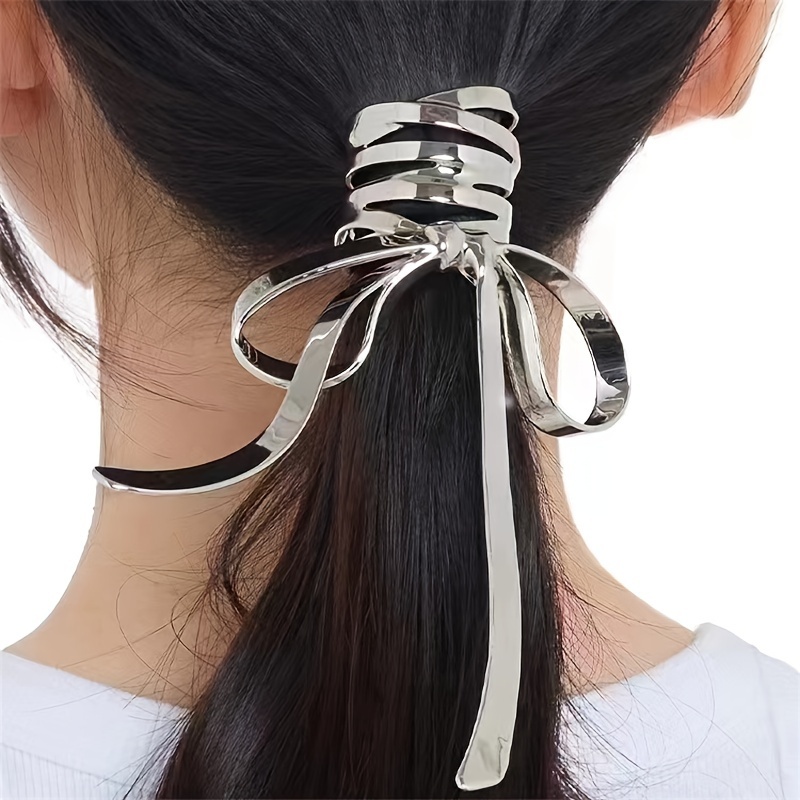 TEMU Elegant Bowknot Ribbon Hair Clip - Chic Hollow Design, Non-slip Ponytail Holder For Women