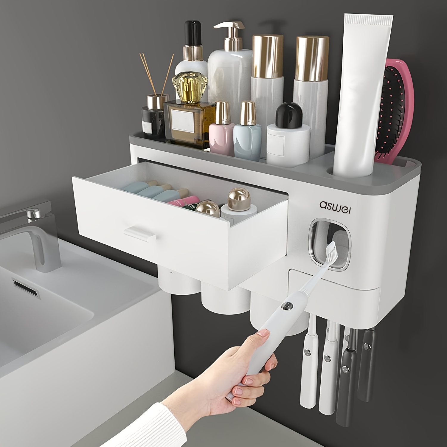E-shop Aswei Wandmontierter Zahnbürstenhalter mit Zahnpastaspender – Platzsparende Badezimmer-Aufbewahrung, Modernes Minimalistisches Design, Großes