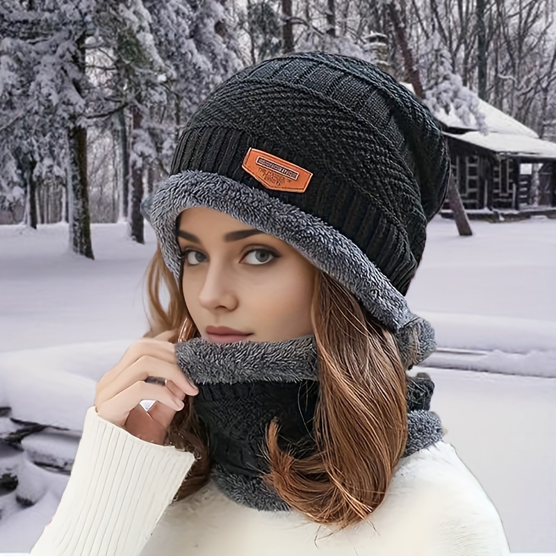 

1 Ensemble d'accessoires chauds pour l'hiver - Bonnet et écharpe en laine épaissie de style coréen en velours élastique, polyester tricoté léger, uniquement - Idéal pour froid