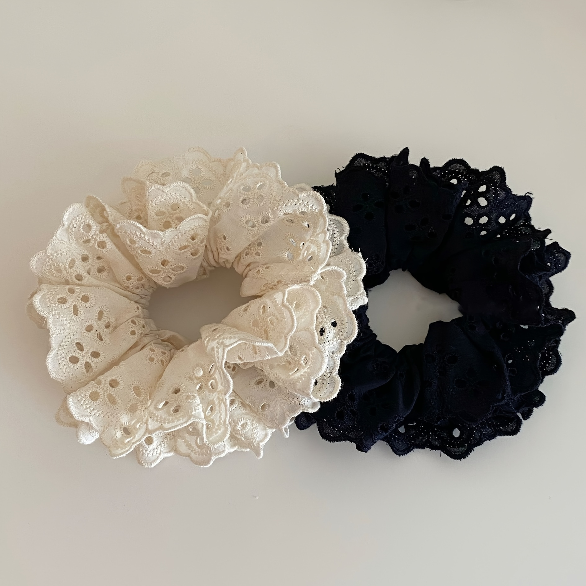 Image of 2pcs Lace Hollow Floral Lace Large Bow Hair Tie French Sweet Elegant Double Layer Large Bow Hair Tie Embroidery Flower Women's Hair Tie Ponytail Hair Tie Hair Rope Hair Accessory