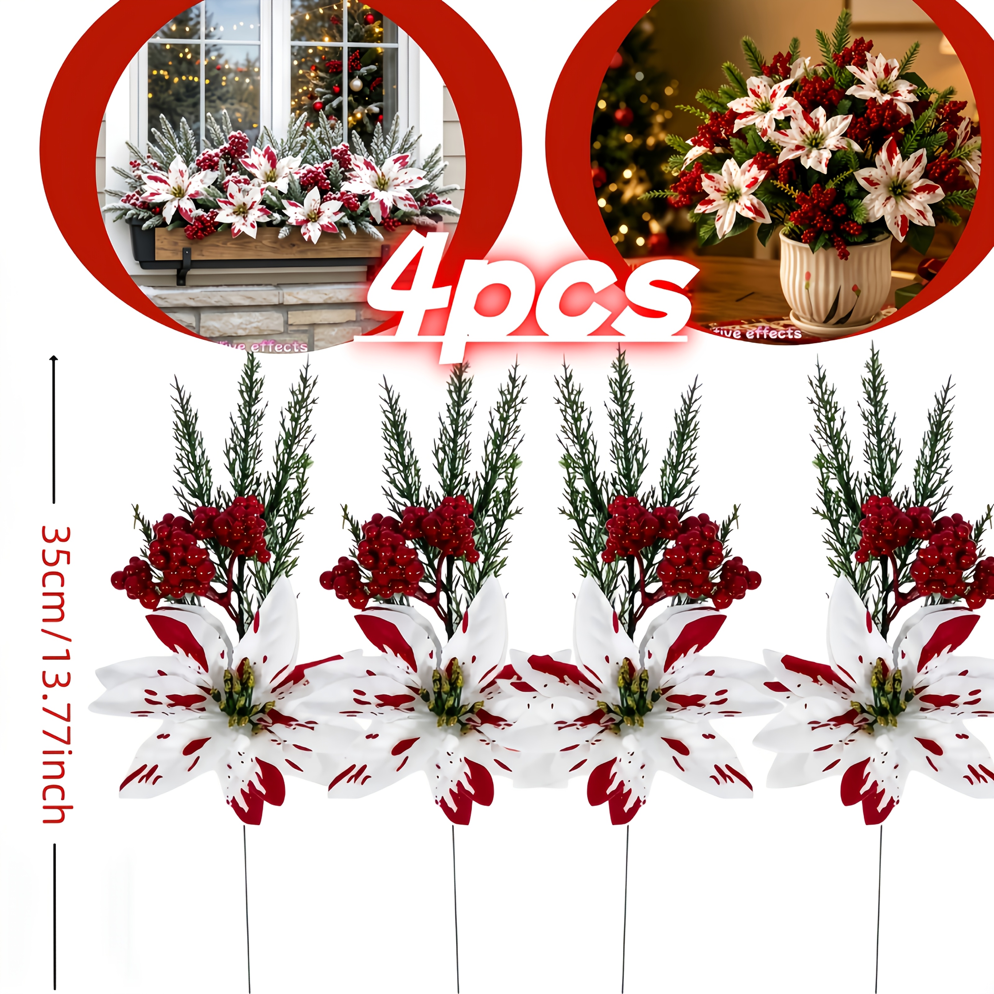 TEMU 4pcs Ramo de Artificial Extra Grande con Manchas , Festivo Ramo de Artificial Extra Grande con Manchas , Flores de Navidad de Realista, con