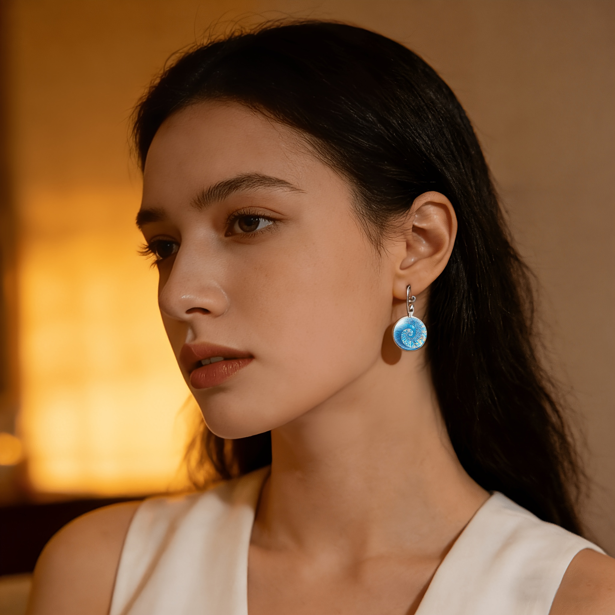 2pc White French-style Ear Hook Earrings Set, Blue Spiral Design