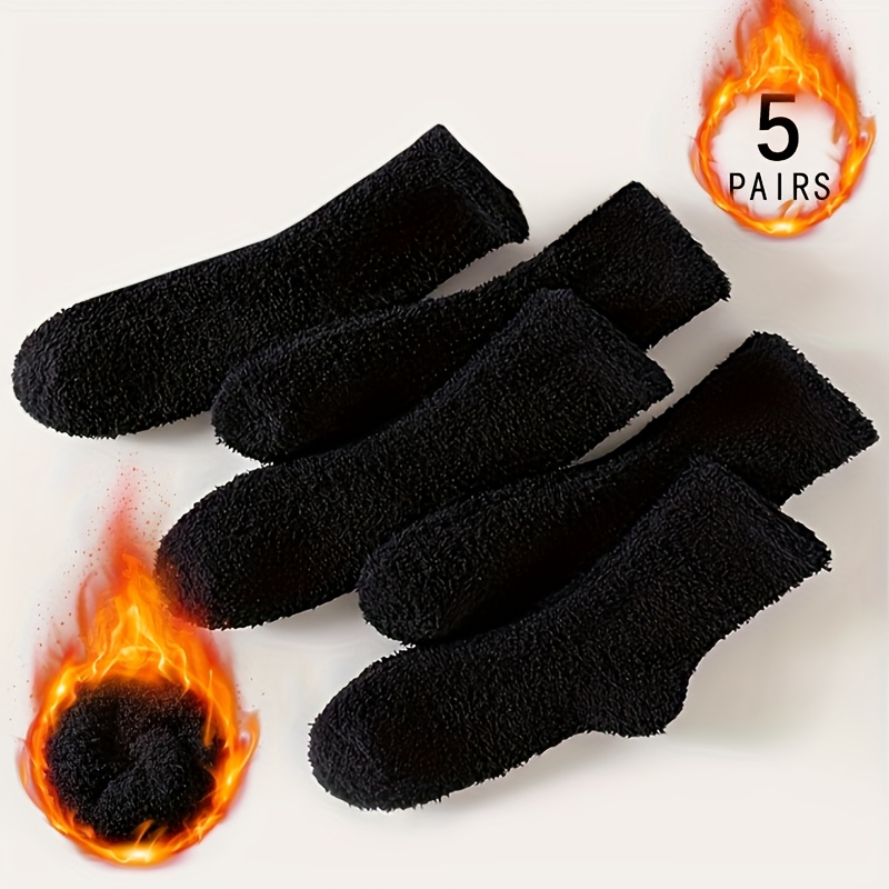 E-shop 5 Paar Herbst Winter Damen Verdickte Korallenfleece Einfache Mode Einfarbig Vielseitige Weiche Bequeme Warme Schwarze Fellsocken