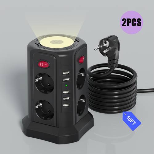 13-in-1 Extension Cord, Suitable For Home And Office Environment (5 USB-A Ports And 8 AC Outlets Multi-Outlet Power Strip With 4 Independent Switches, Adjustable Soft Night Light