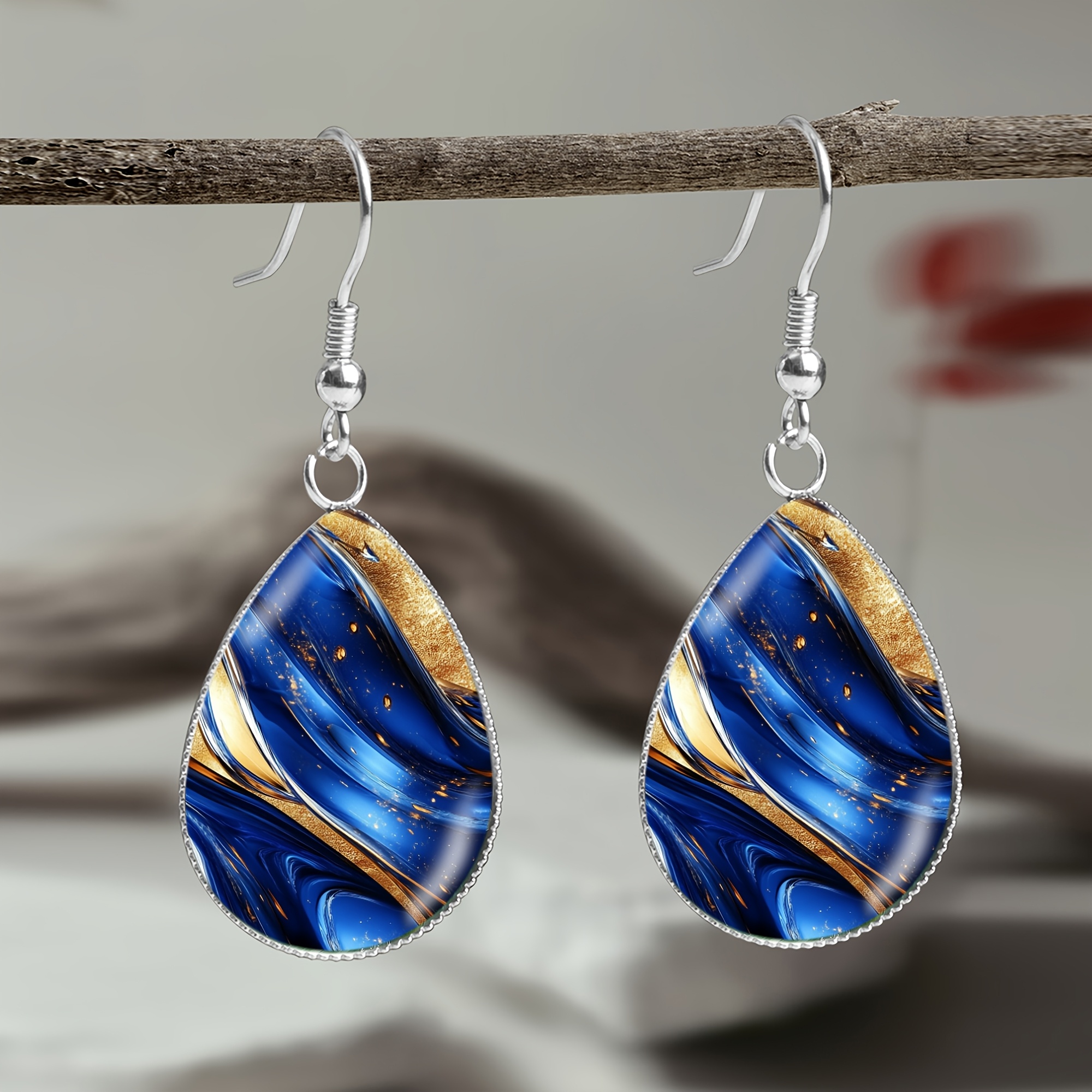 TEMU 1pair Blue And Golden Dot Glass Pattern Steel Teardrop Earrings, Elegant And Luxurious Style Men's And Women's Party Banquet Wear Jewelry