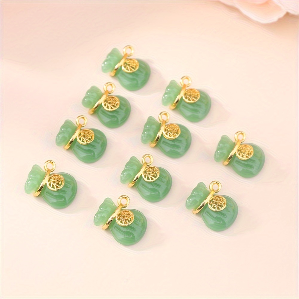 

10pcs Ancient Method Golden Oil Droplet Pendant Small Jade Green Lucky Bag Shape Charms For Handmade Diy Necklace Small Pendant Jewelry Accessories