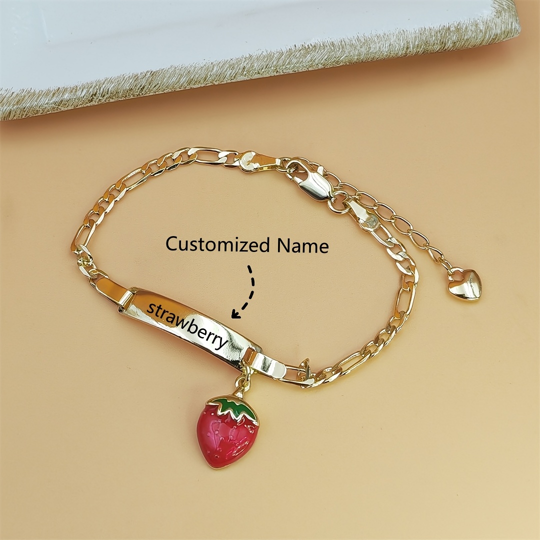 TEMU Bracelet pendentif fraise personnalisé en acier inoxydable, bracelet fraise fruit avec nom gravé au laser, cadeau souvenir d'anniversaire pour
