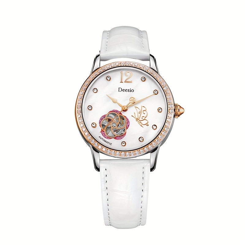 TEMU Ladies' Non Embroidered Steel Automatic Mechanical Watch, Casual Ladies' Watch, Elegant Watch, Hollowed Out Watch, Luxurious Color Tone Watch,
