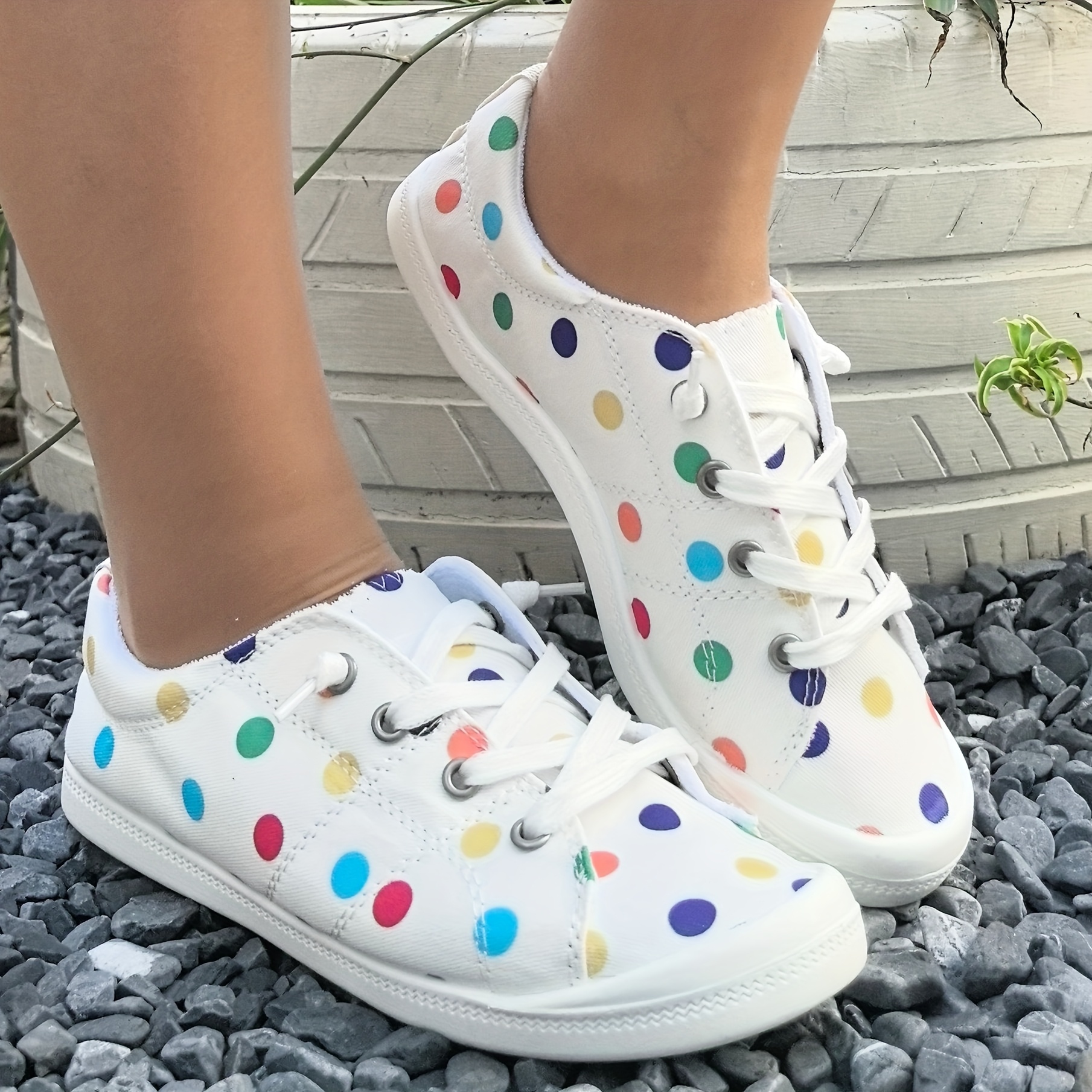 Image of Women's & Polka Dot Sneakers - Slip-on Soft Sole Comfortable Round Dot Casual Shoes Suitable For -season Wear, Office, Shopping & Everyday Use - -care Fabric Upper & Tpr Sole