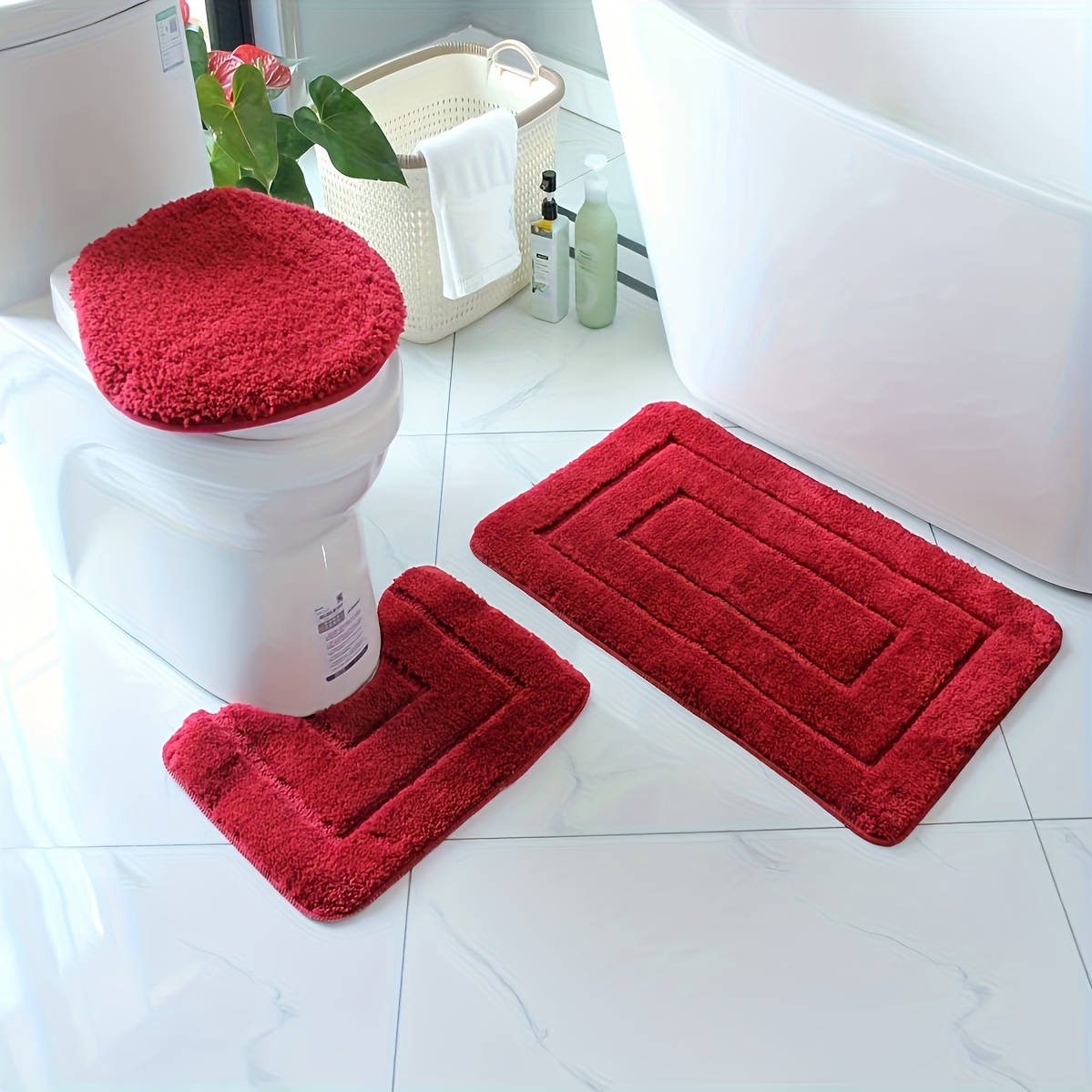 

3-piece Ultrafine Fiber Bath Rug Set - Quick-dry, Absorbent, Non-slip Contour U-shaped Toilet Mat, Toilet Lid Cover, Knit Polyester, Fade Resistant, 1500 G/m² Density, 2cm , Machine Washable