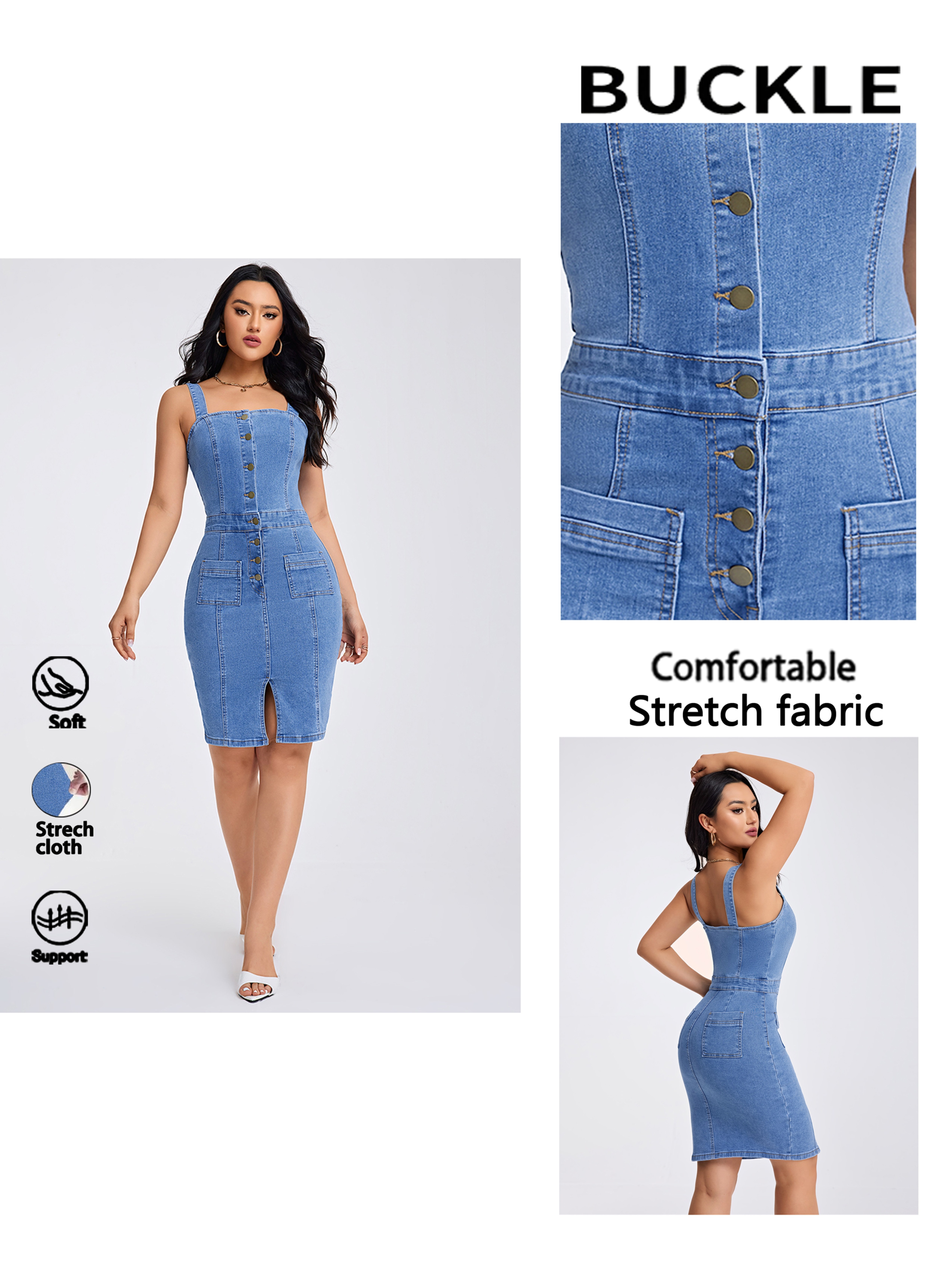women's -fit turn-down collar denim dress, no-sleeve faux pocket button  zipper closure non-stretch fabric, stylish elegant casual wear for | Shop  Now For Limited-time Deals | Temu Bahrain