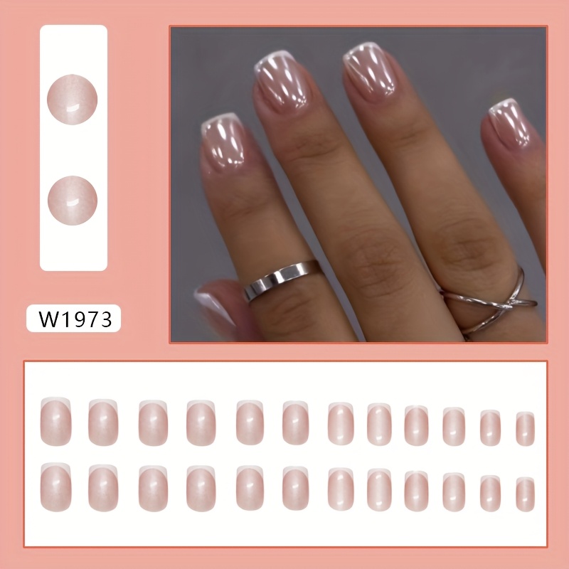 TEMU French Style Soft Gradient Press-on Nails Suitable For - Square Medium Length Detachable Nail With Chrome Plating, Easy Application For &, Nail Care For Daily Wear Or