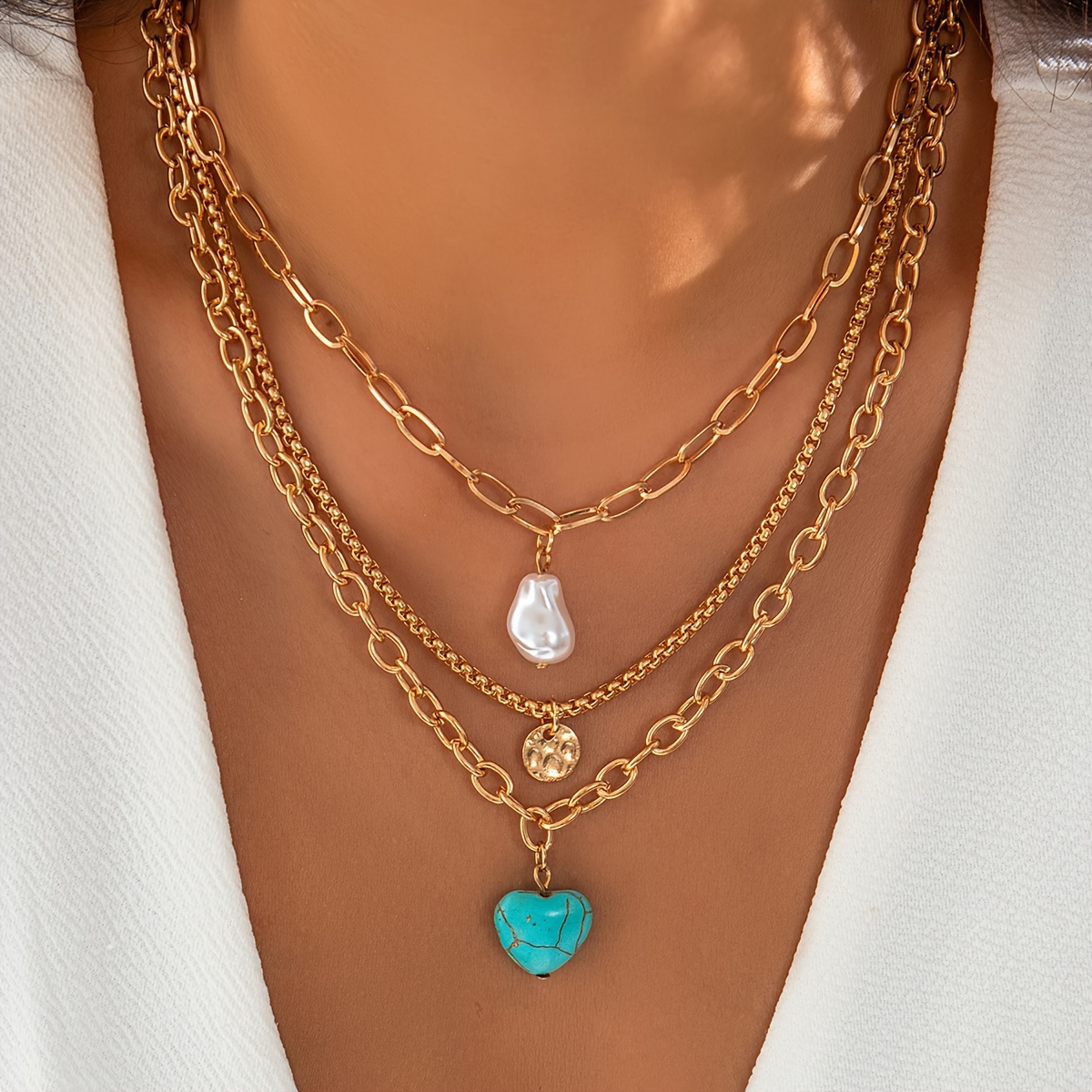 

3pcs/set Vintage Simple Love Turquoise Sequin Faux Pearl Pendant Necklace Clavicle Chain
