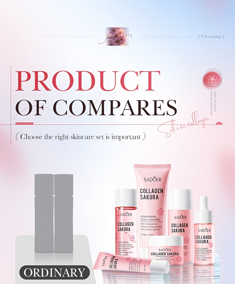 Set de călătorie hidratant cu colagen Sakura, 6 bucăți. Conține demachiant, toner, loțiune, ser, cremă de ochi, cremă de față. Set de îngrijire a pielii feței. Hidratează, netezește, face pielea moale și delicată.
