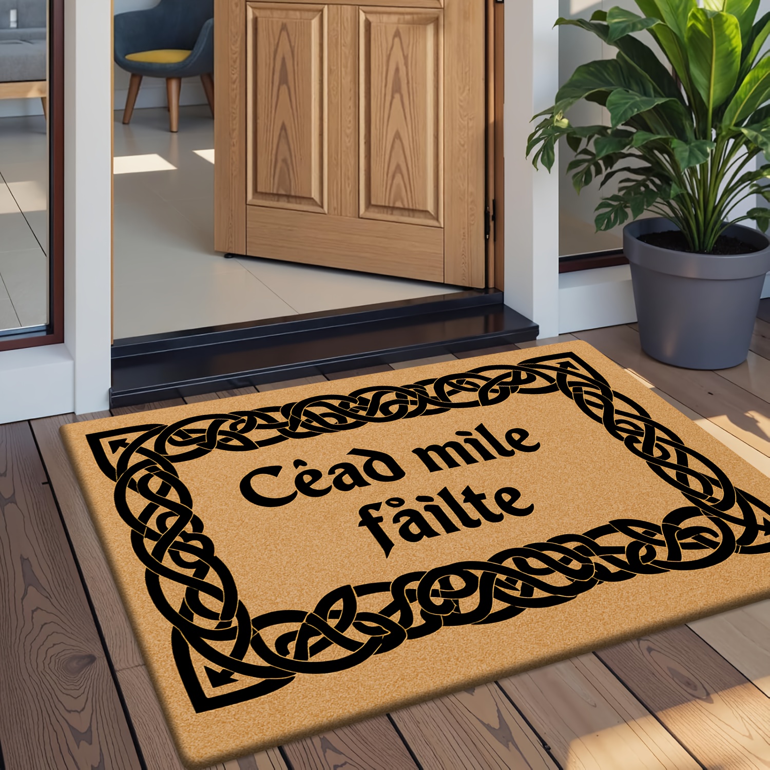TEMU [ Goods] [flannel + 1cm Thick Sponge Material] Interesting Entrance Doormat | Shows A Complex Woven Border With A Celtic Style, With "céad Mile