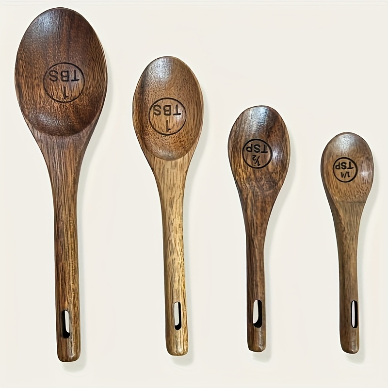 TEMU Four-piece Natural Wooden Measuring Spoon Set, Used For Baking And Cooking Spices, Coffee, Tea, Milk Powder, Desserts, Cakes, Multifunctional