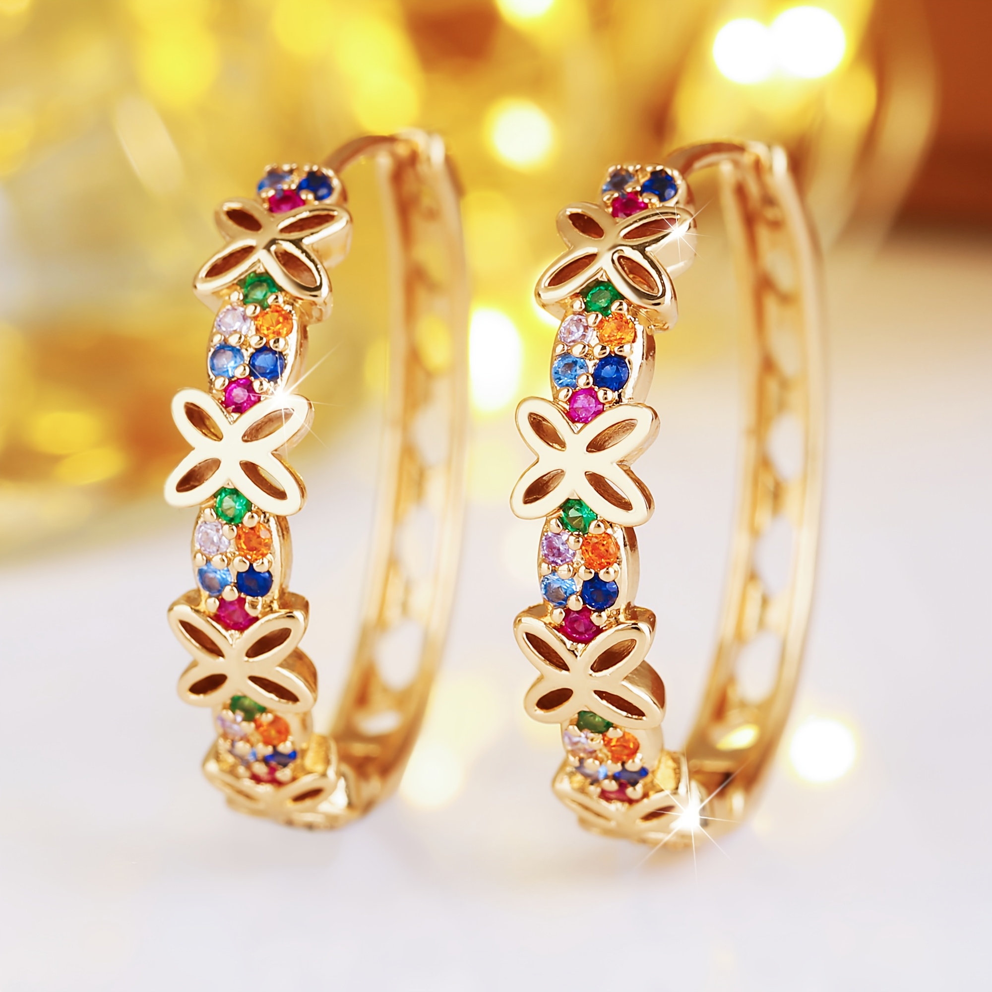 TEMU Hollow Flower Colored Synthetic Zirconia Large Hoop Earrings, Retro , Versatile Elegant High-grade Ear Jewelry For Women In Summer