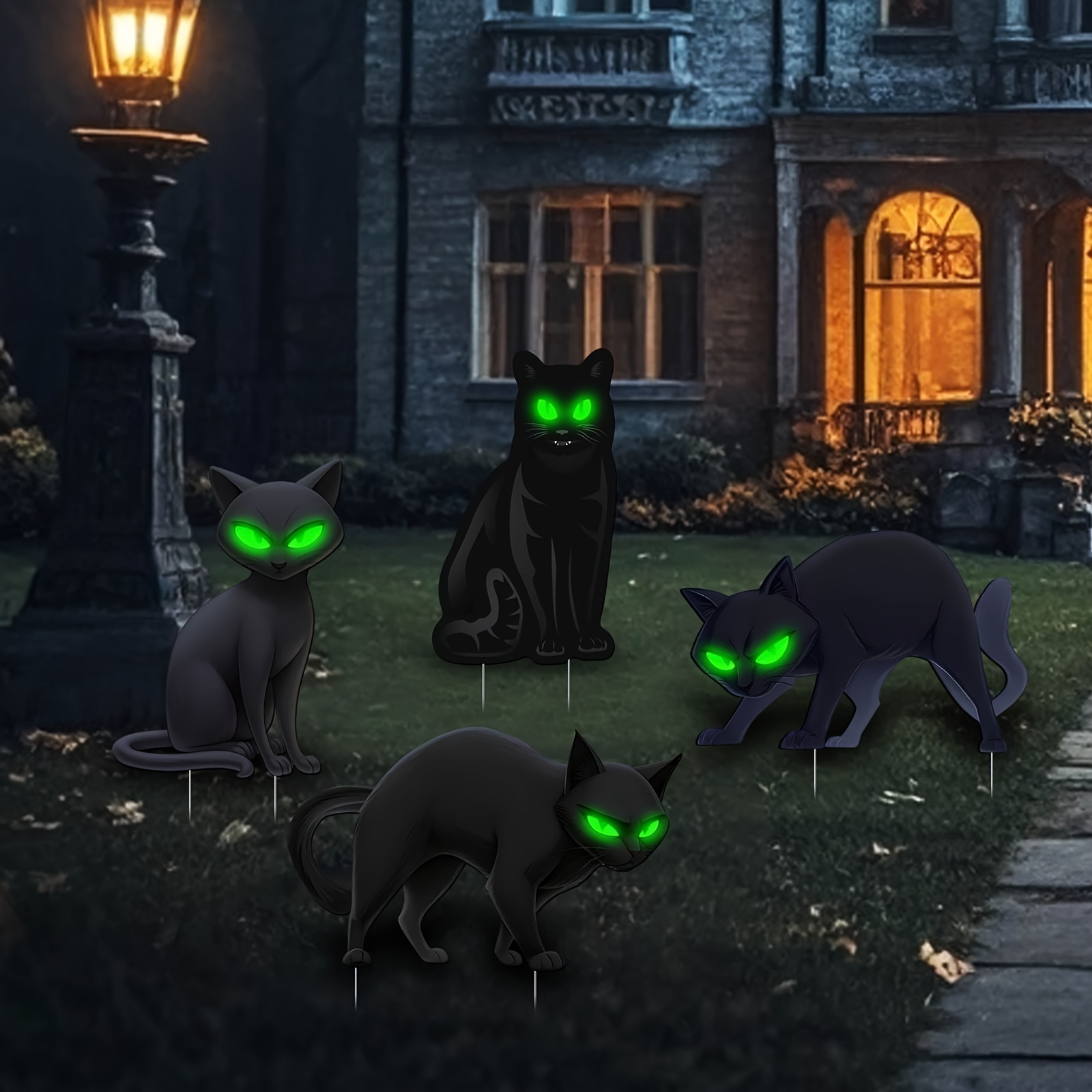 

4pc Black Cat Yard Signs Outdoor Patio Sign Lawn Garden Holiday Party Decorationscreate A Scary Black Cat Surface Glitter Ambiancegreen Glowing 8 Flashing Patterns (batteries Not Included)