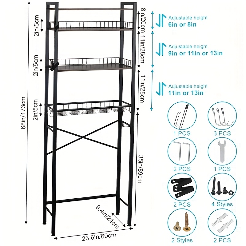 reliable 5-Tier Adjustable Over The Toilet Bathroom Organizer Shelf | Brown, Freestanding Iron Shelf with Toilet Paper Holder and 4 Hooks, Spray Paint End 4 reliable 5-Tier Adjustable Over The Toilet Bathroom Organizer Shelf | Brown, Freestanding Iron Shelf with Toilet Paper Holder and 4 Hooks, Spray Paint End - Image 4