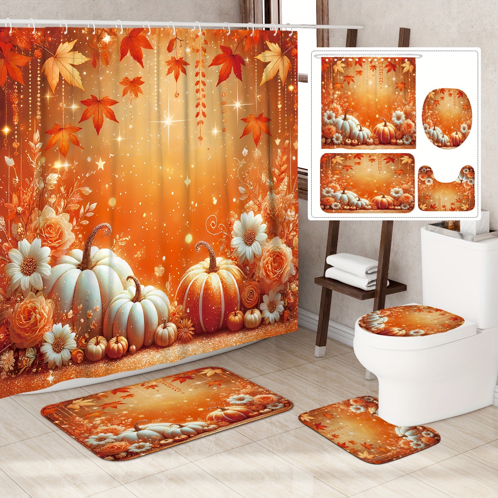 

Autumn Elegance Shower Curtain Set - Waterproof Polyester With Floral & Pumpkin Design, Non-slip Bath Mat, U-shaped Toilet Lid Cover, 12 Hooks - Perfect For Fall & Thanksgiving Decor, 1pc/4pcs Option