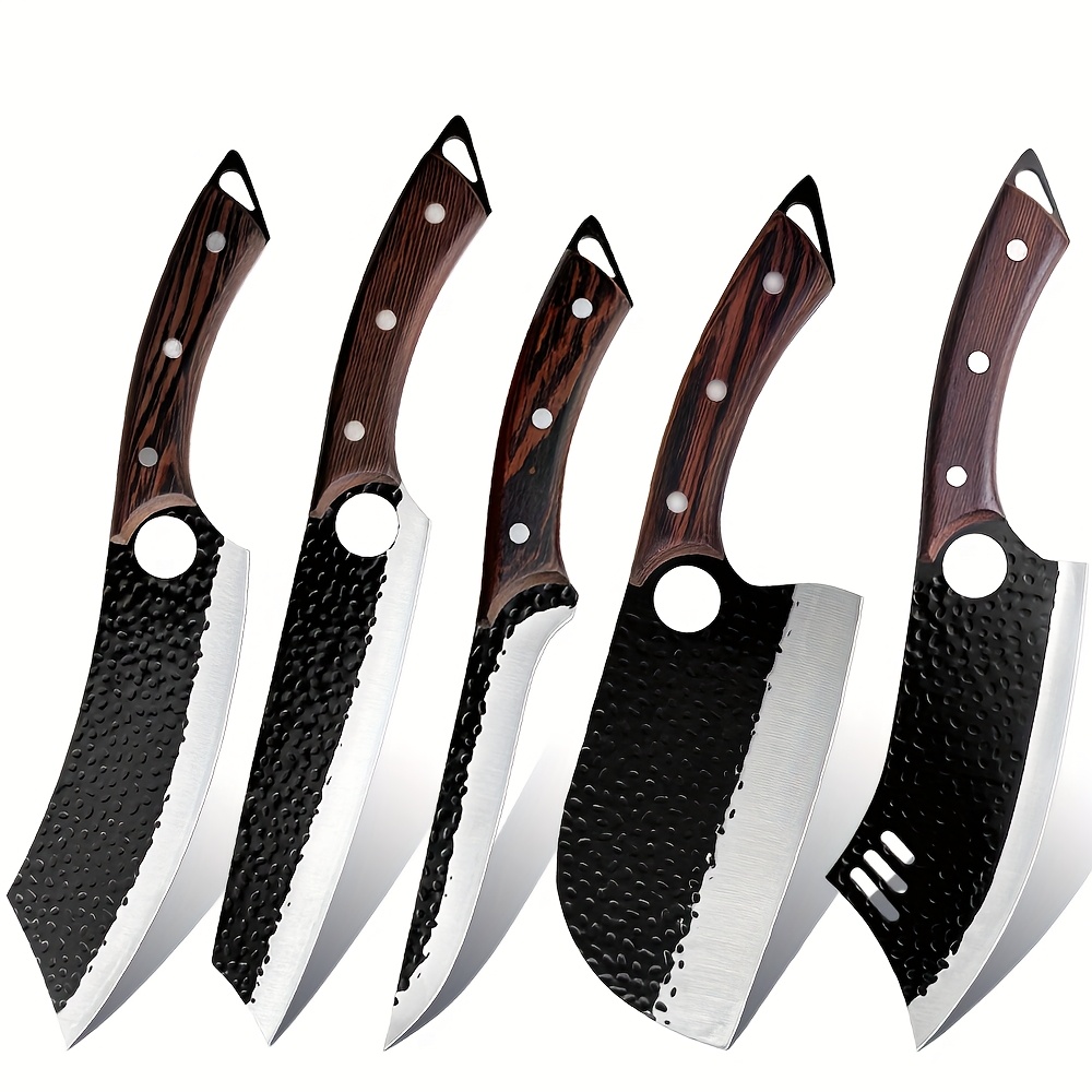 Set de 5 cuțite profesionale pentru bucătărie, Set de cuțite de bucătar, Cuțit de bucătar forjat manual, Perfect pentru cuțit de tăiat, Oțel inoxidabil 7Cr17Mov, Cuțit ascuțit cu mâner din lemn, Include geantă de transport pentru bucătărie