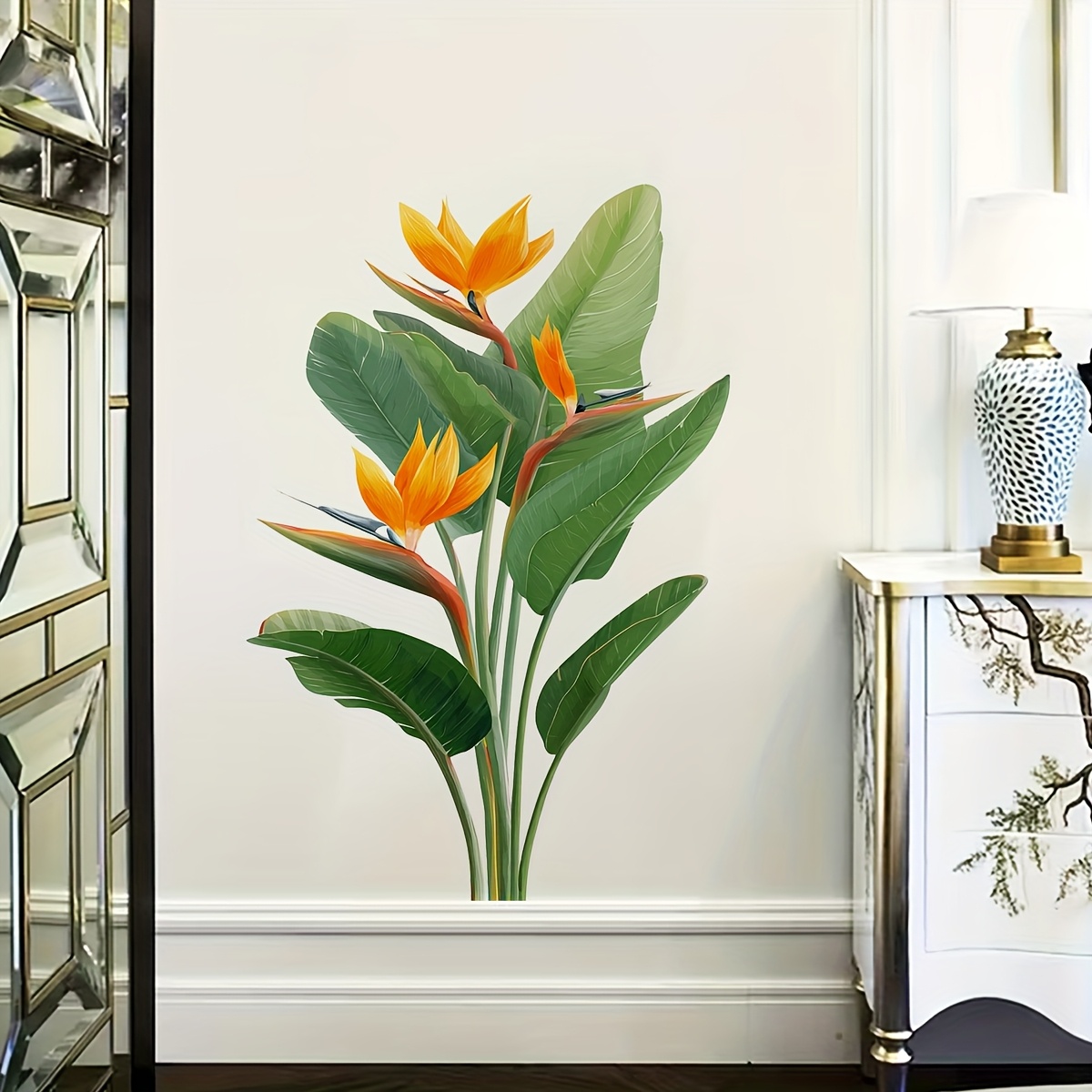 Image of 1pc Tropical Style Bird Of Paradise Wall Sticker, Artificial Green Plant Flower Decorative Decal, Instantly Walls With Natural Vitality And Beauty