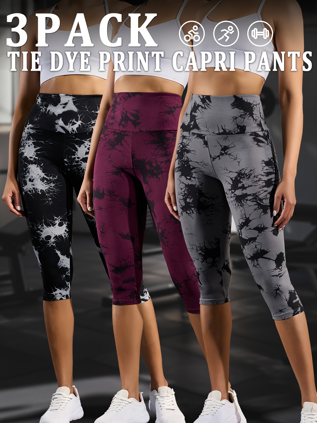women's tie dye print capri yoga pants high waist stretchy Temu