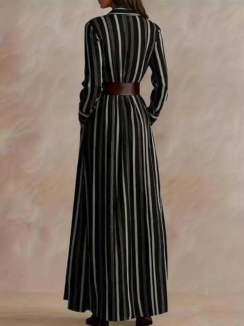 a womens elegant vacation casual commuting vintage ethnic style black and white striped shirt dress with a collar front buttons pockets long sleeves and a flowing long skirt