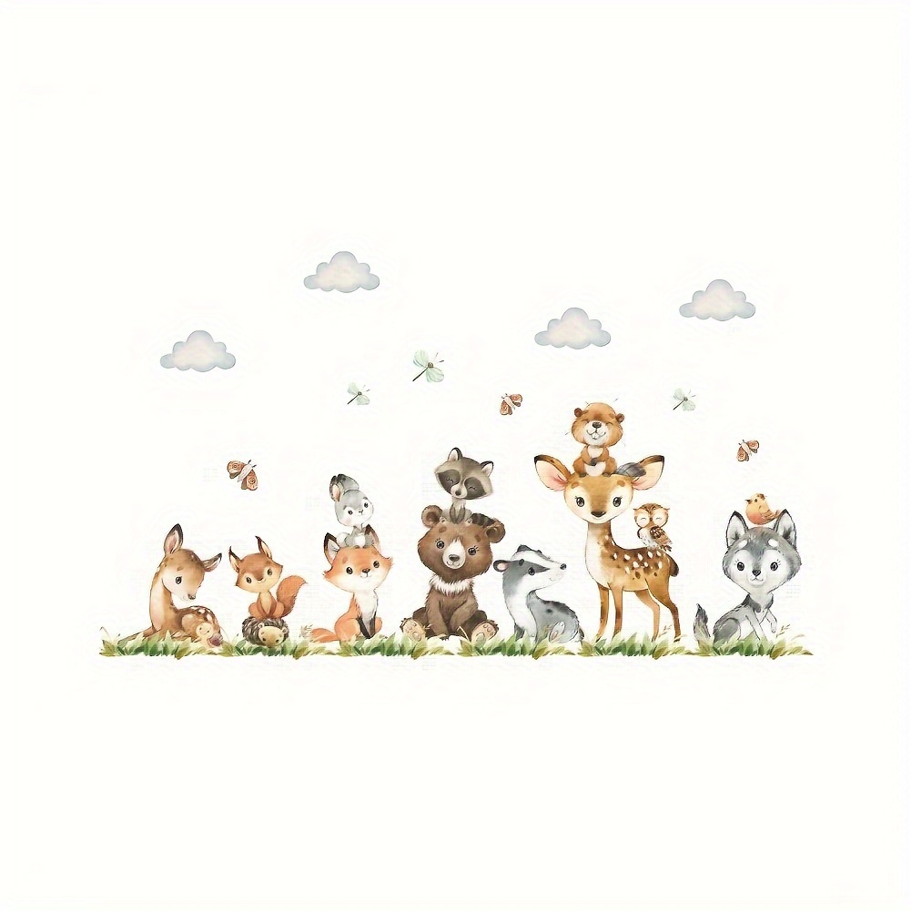 Image of 1 Set/2pcs Cartoon Teddy Bear, Deer, Forest, Animal , Play Wall Stickers For Living Room, Sofa, Bedroom, Background Wall Stickers
