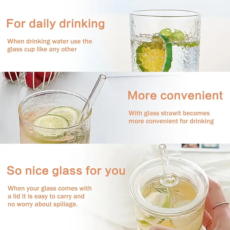 22 5oz set of 2 glass cups with lids and straws pink clear glass water cups for iced juice tea milk smoothies and cold or hot drinks glass iced tea cups Product details 3