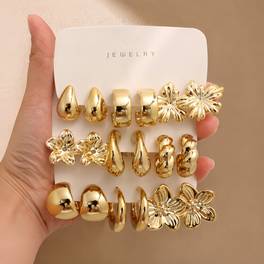 18pcs 6pcs bohemian 3d floral golden earrings womens vintage plant element ear jewelry irregular metal flower set island additions music festival trendy mixed item suitable for womens daily wear